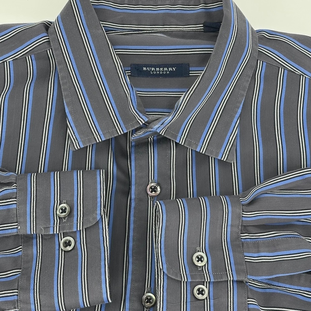 Burberry London Mens XL Striped Button Down Shirt Grey Blue White Made in USA